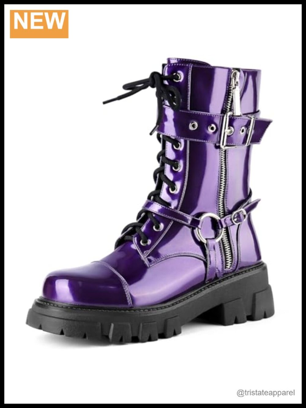 Motorcycle Harness Mid Calf Combat Boots Microfiber Lug Sole Side Zipper